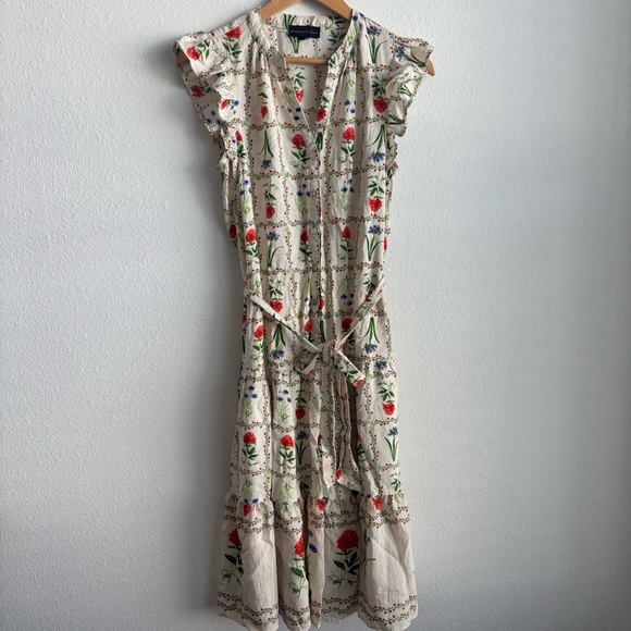 femme de lune Cream Tiered Floral Bohemian Midi Dress Ruffled Sleeve Tie Waist - Picture 2 of 9